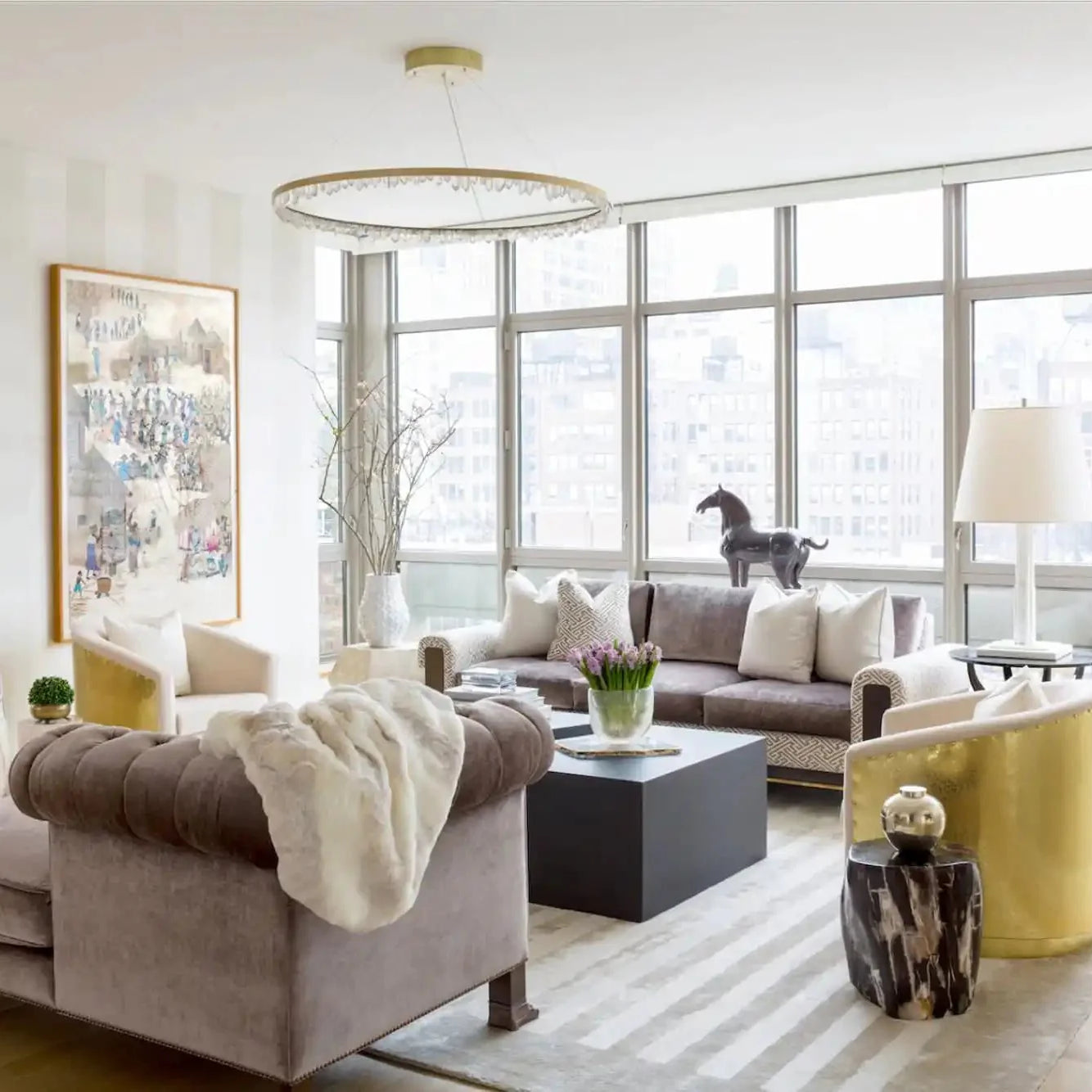 Round Modern Chandelier Brass & Clear Geode Quartz Crystal Hanging Light - Blushlighting