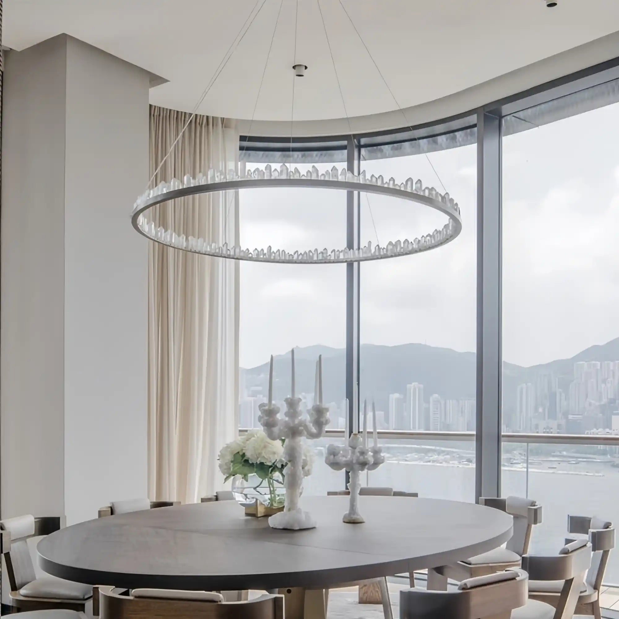 Round Modern Chandelier Brass & Clear Geode Quartz Crystal Hanging Light - Blushlighting