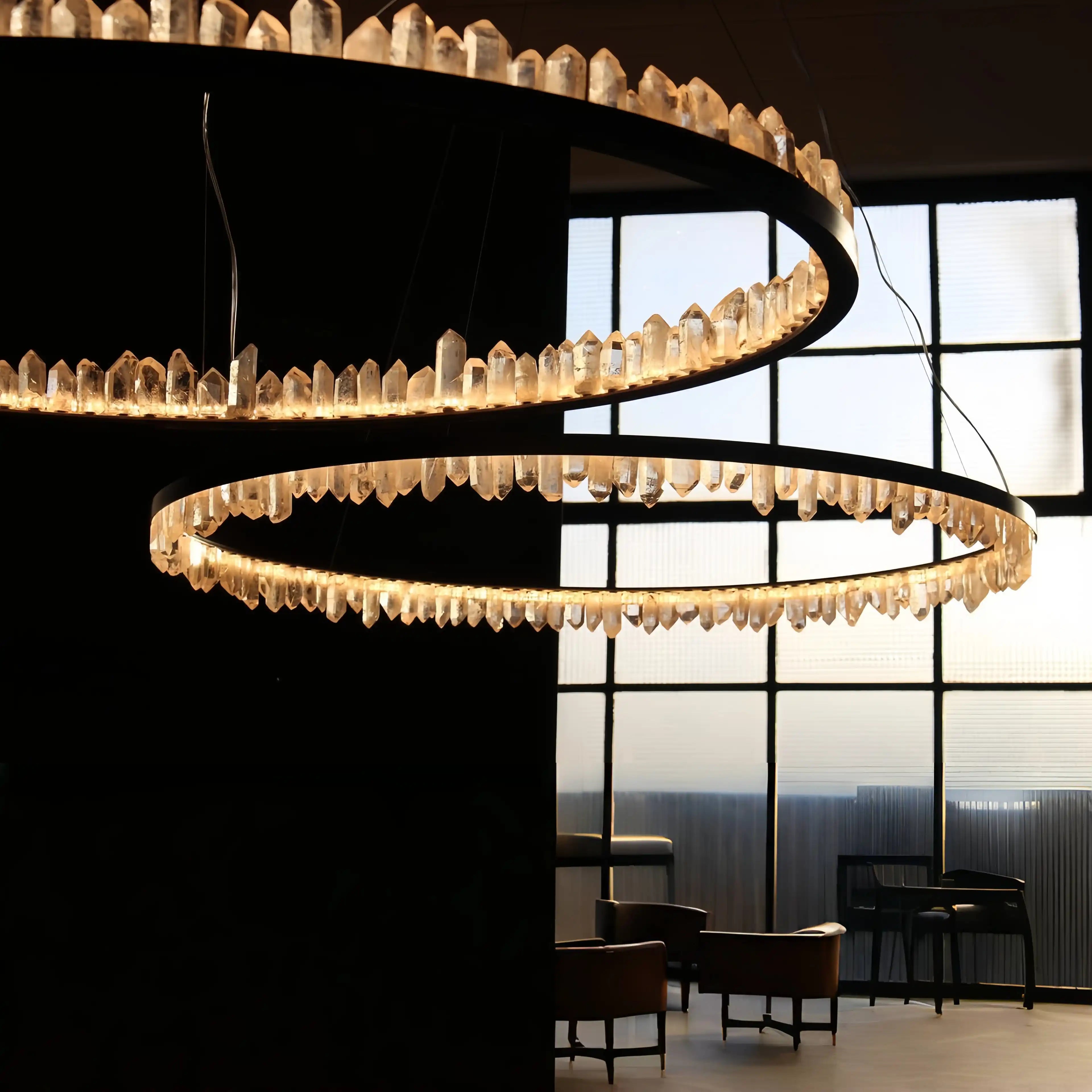 Round Modern Chandelier Brass & Clear Geode Quartz Crystal Hanging Light - Blushlighting