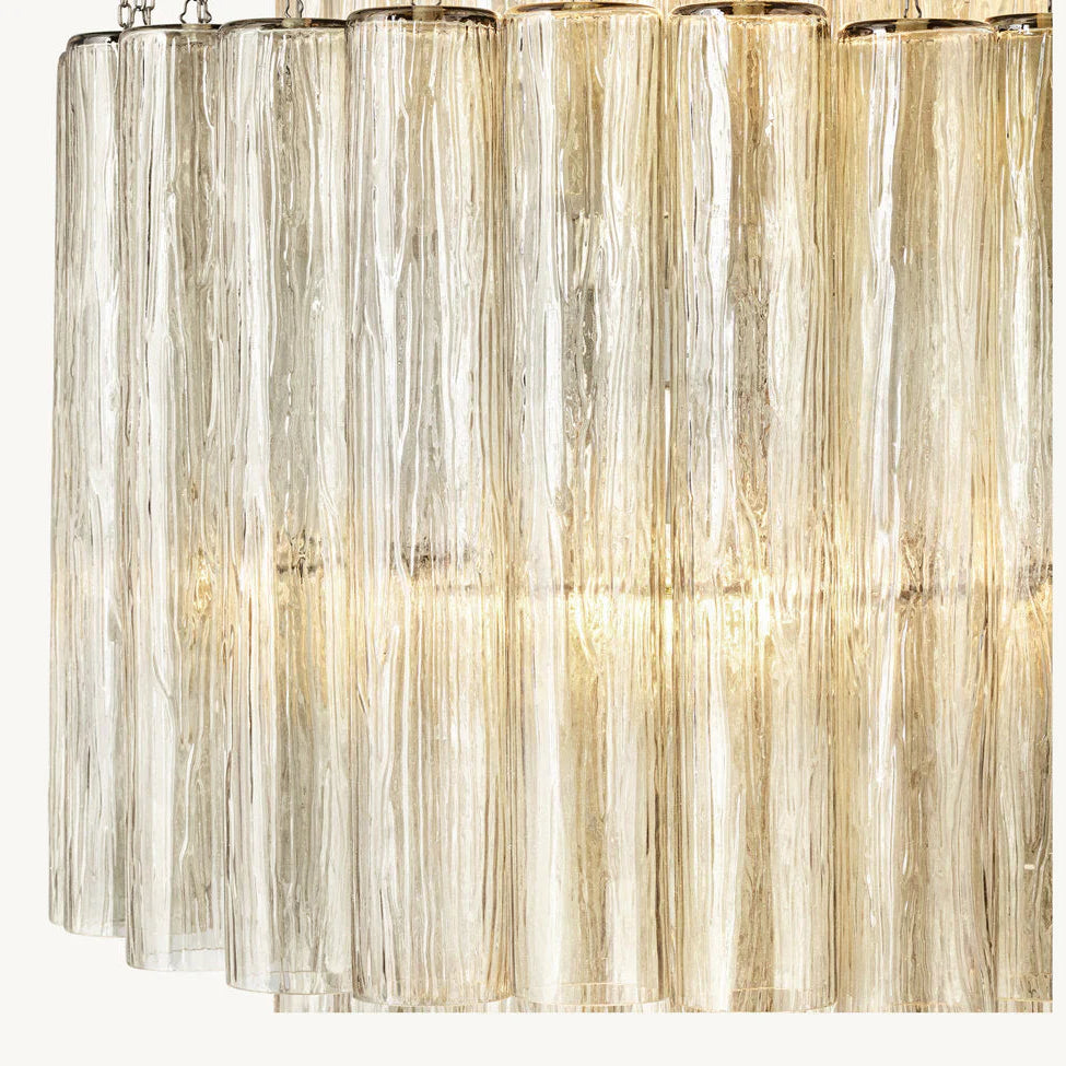 Chandelier with cylindrical glass shades on a white background