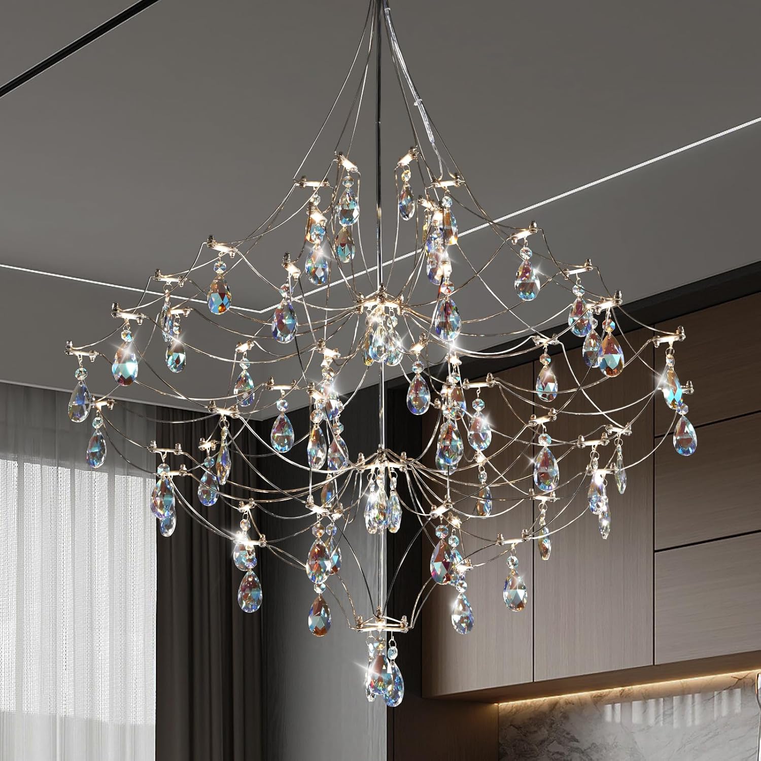 Silver 31.5" Round Crystal Raindrop Chandelier for Modern Homes - Round - D31.5Blushlighting