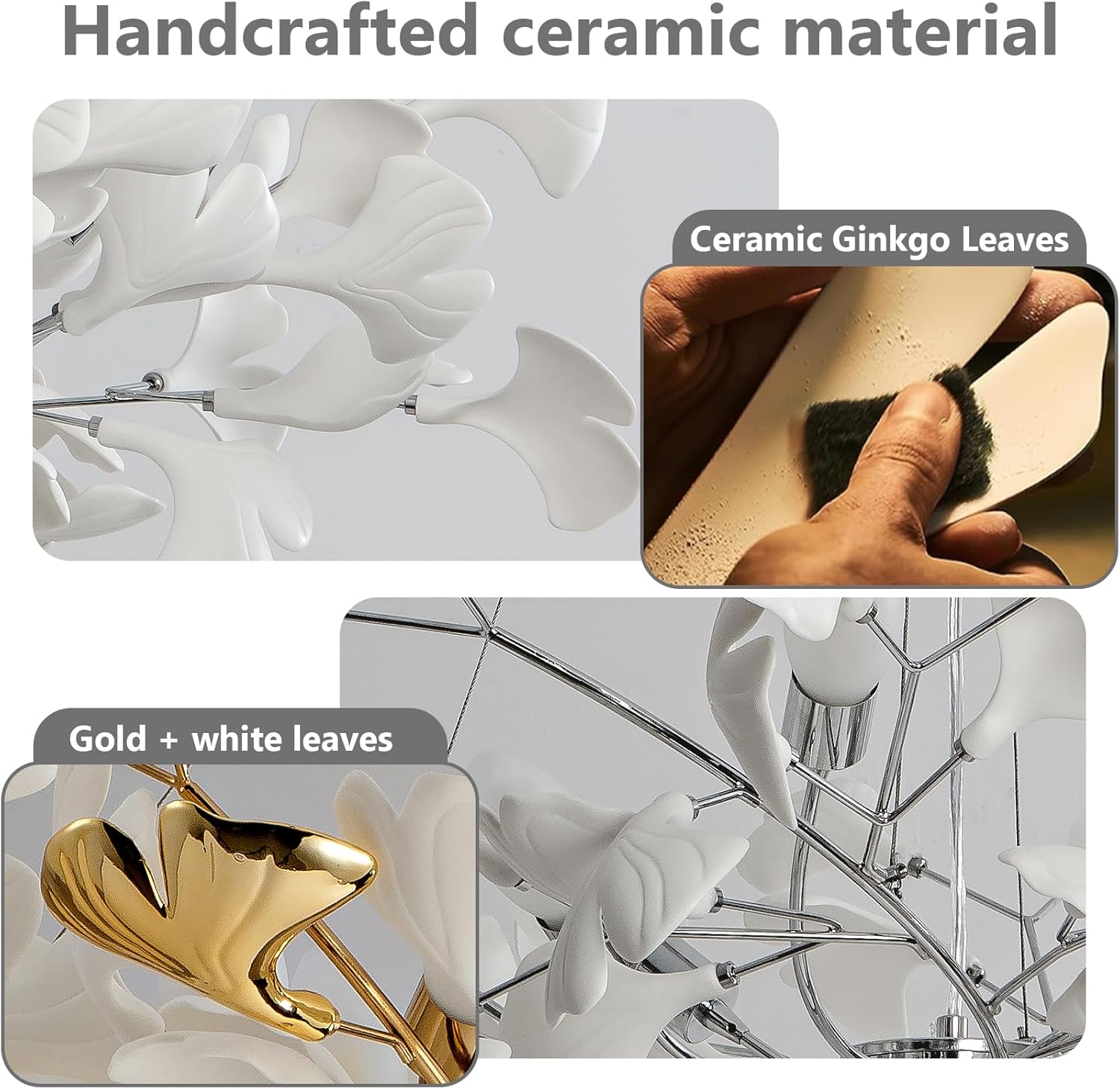 Silver Ceramic Ginkgo Leaf Branch Chandelier – 47.2" Brass Rectangle - Silver47.2INCHBlushlighting