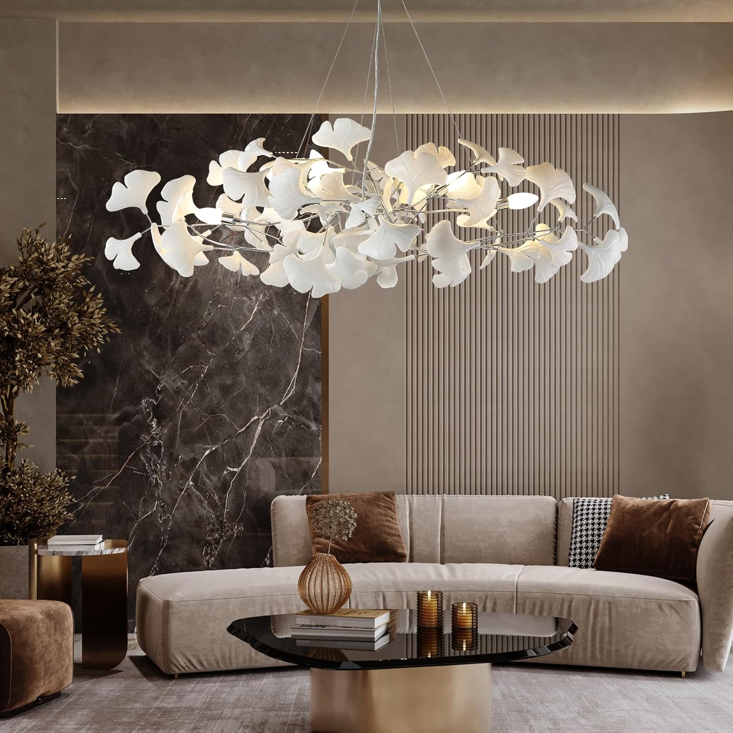 Silver Ceramic Ginkgo Leaf Branch Chandelier – 47.2" Brass Rectangle - Silver47.2INCHBlushlighting