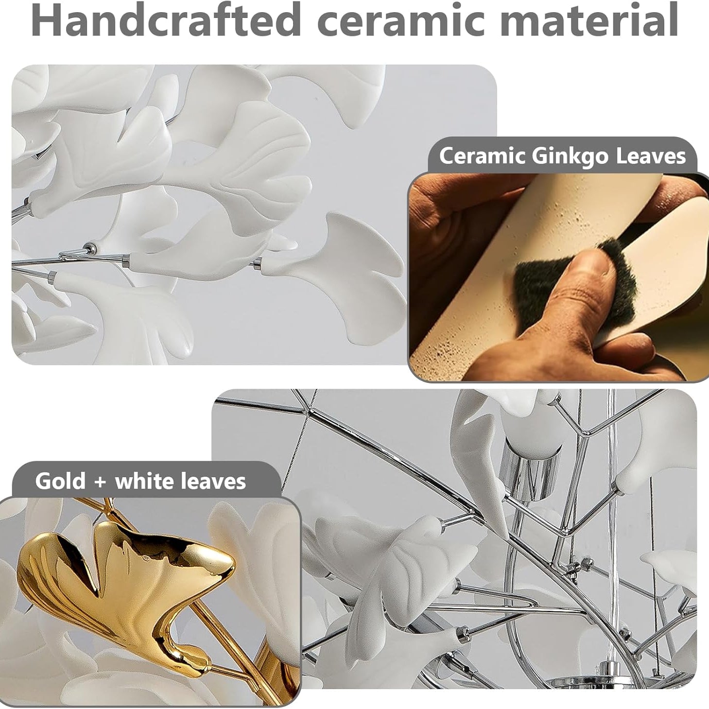 Silver Ceramic Ginkgo Leaf Branch Chandelier – 47.2" Brass Rectangle