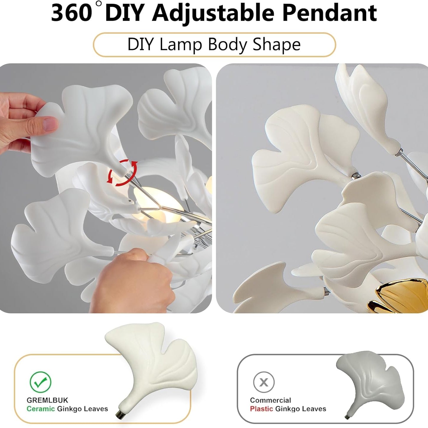 Silver Ceramic Ginkgo Leaf Branch Chandelier – 47.2" Brass Rectangle