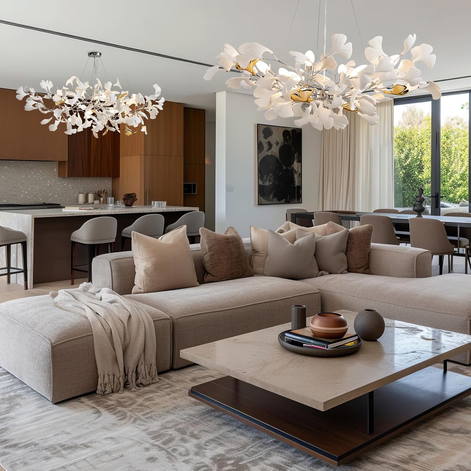 Silver Ceramic Ginkgo Leaf Tree Branch Chandelier – 40" Round Luxury Fixture - Silver40INCHBlushlighting