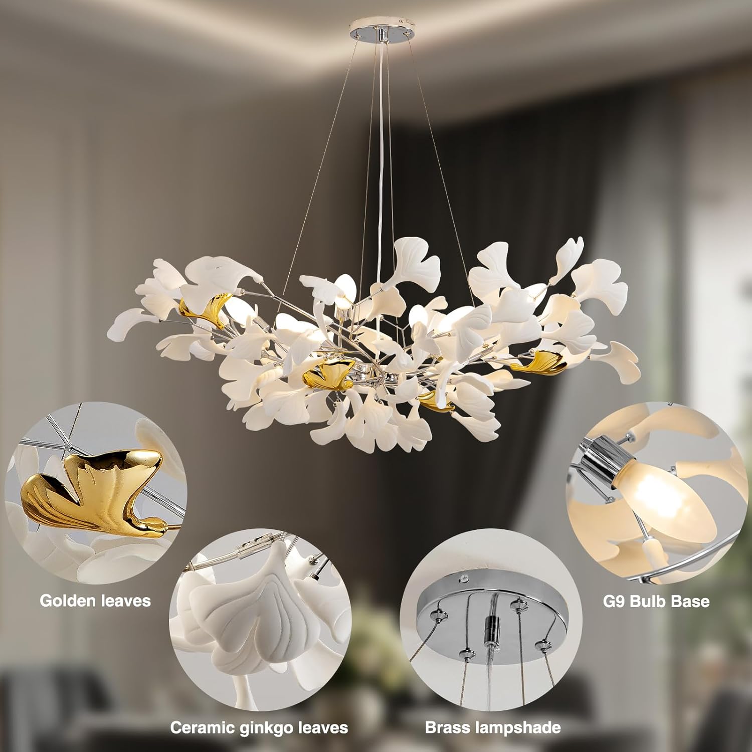 Silver Ceramic Ginkgo Leaf Tree Branch Chandelier – 40" Round Luxury Fixture - Silver40INCHBlushlighting