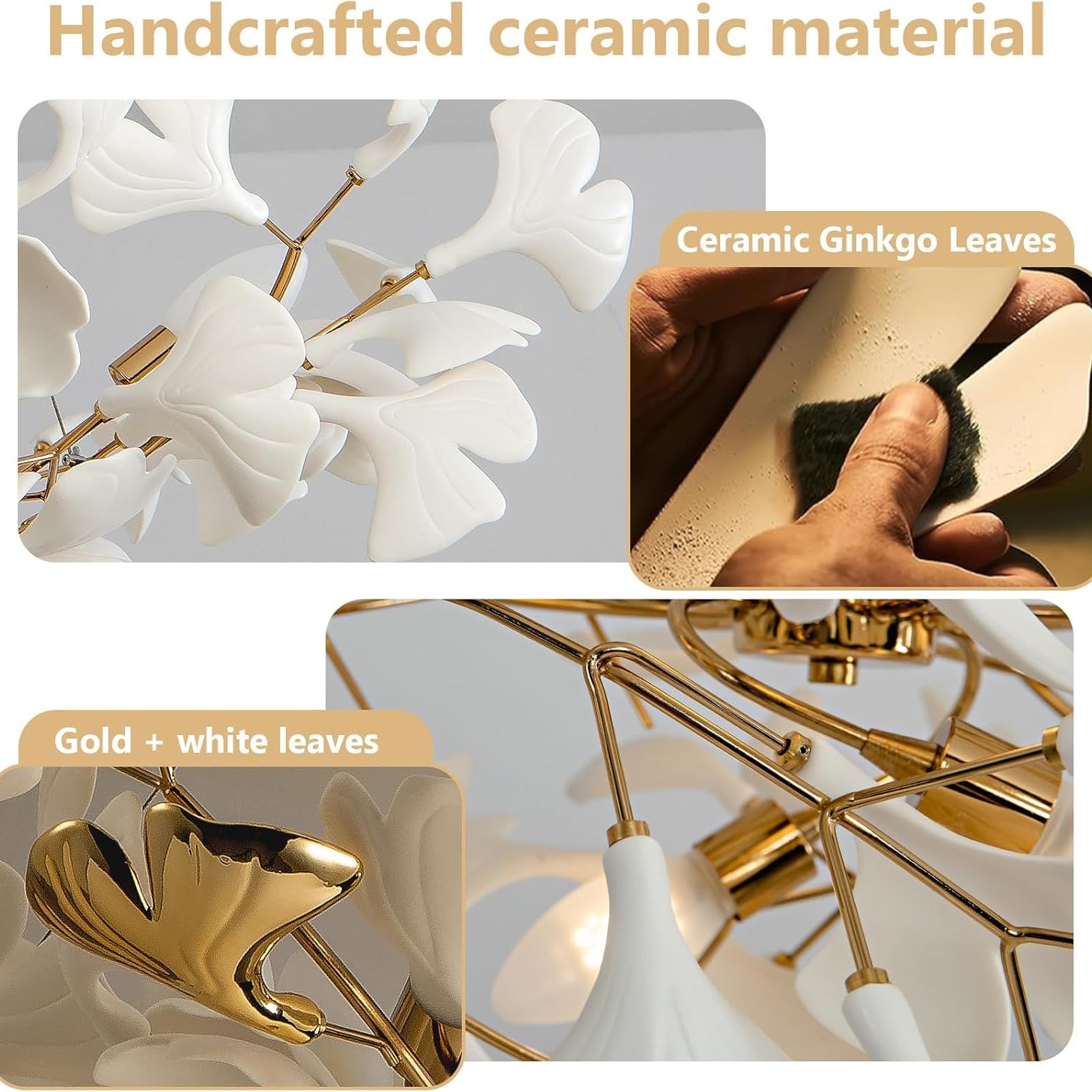 Gold Ceramic Ginkgo Leaf Tree Branch Chandelier – 40" Round Luxury Fixture