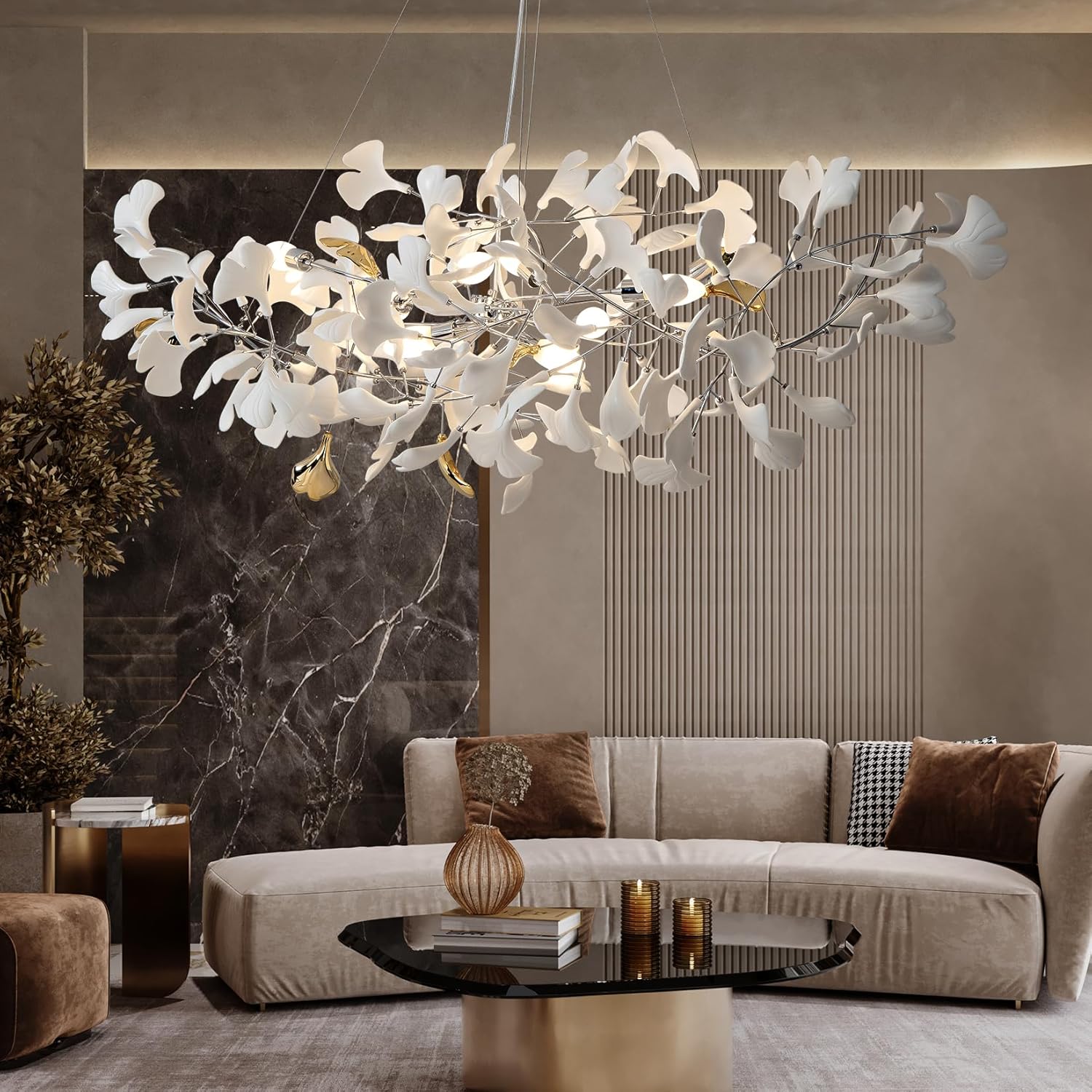 Silver Ginkgo Leaf Branch Chandelier – 59" Modern Brass Light - Silver59INCHBlushlighting