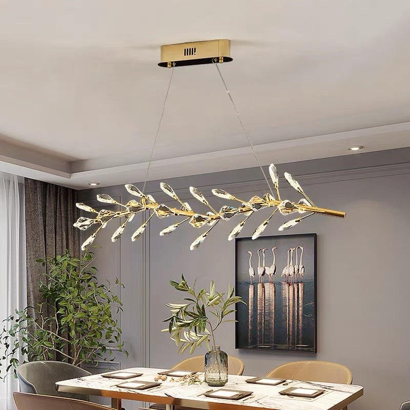 Sleek Modern Branch Crystal Leaves Linear Chandelier for Kitchen Island and Dining Room - L39.4"(L100cm)Warm LightBlushlighting