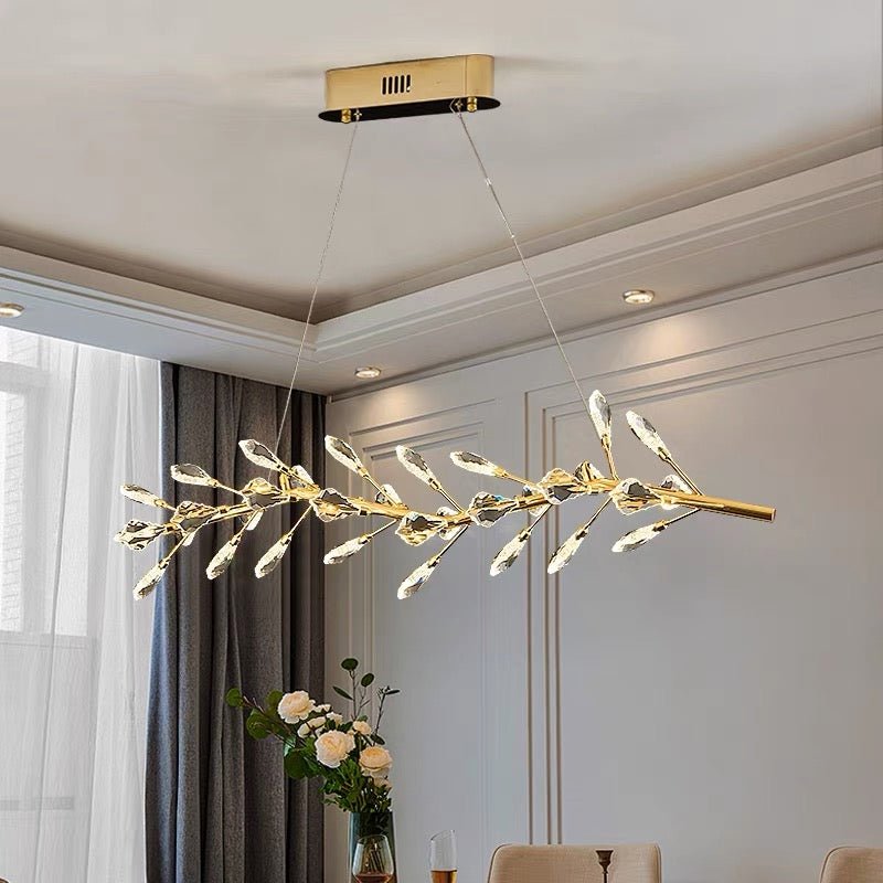 Sleek Modern Branch Crystal Leaves Linear Chandelier for Kitchen Island and Dining Room - L39.4"(L100cm)Warm LightBlushlighting