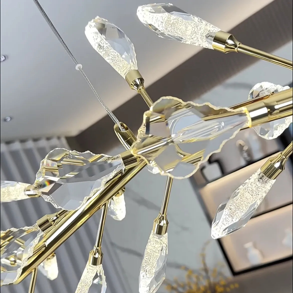 Sleek Modern Branch Crystal Leaves Linear Chandelier for Kitchen Island and Dining Room-Chandeliers-Blushlighting
