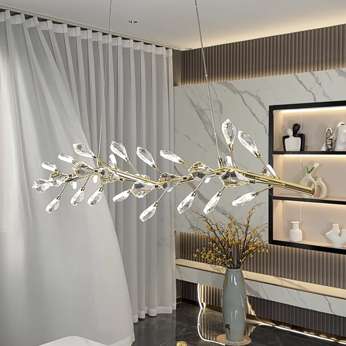 Sleek Modern Branch Crystal Leaves Linear Chandelier for Kitchen Island and Dining Room-Chandeliers-Blushlighting