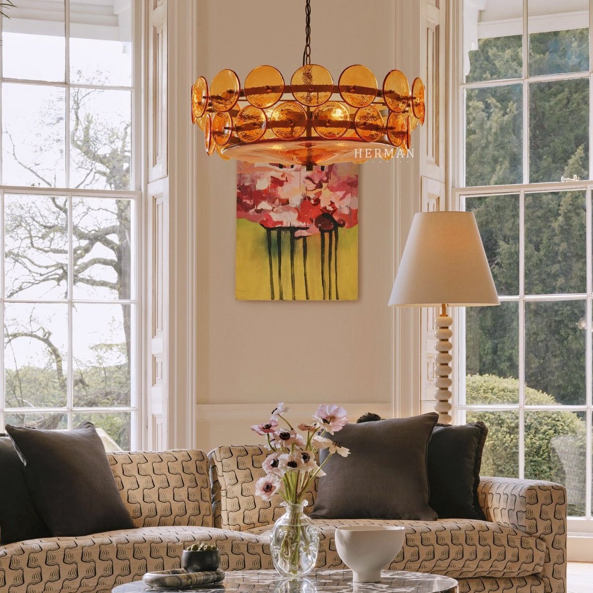 Solaris Disc Murano Chandelier - ∅ 39.4″ x H 14.2″White & GoldBlushlighting