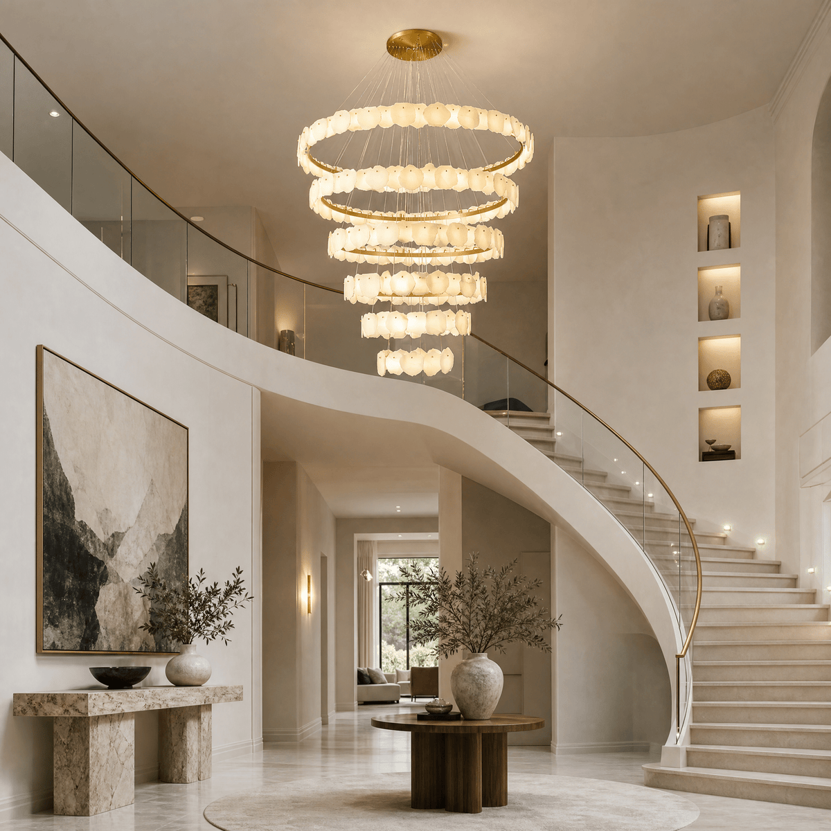 Spiral Alabaster Chandelier – Gold & White 4‑6 Layer Luxury Ceiling Light - 4-layers ∅ 47.2″ x H 31.5″Gold & WhiteWarm LightBlushlighting