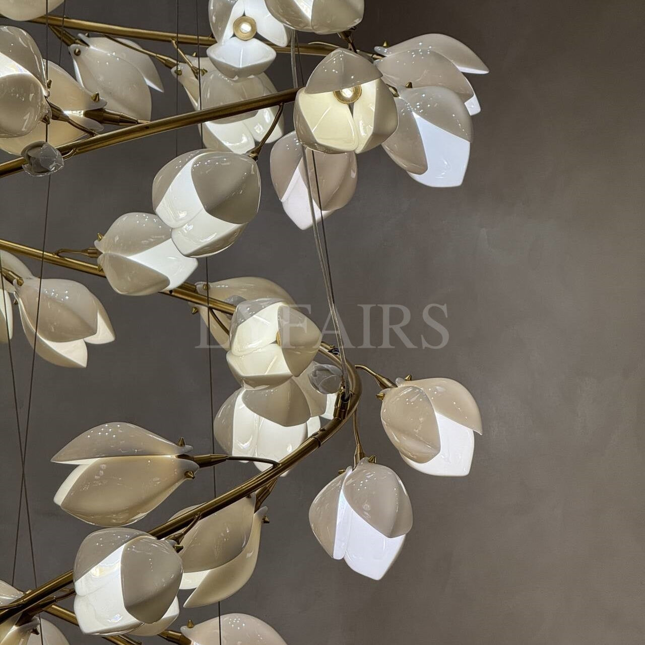 Spiral Pure White Magnolia Chandelier with Golden Branches for Staircase/High-ceiling Space/Foyer/ Duplex-Chandeliers-Blushlighting