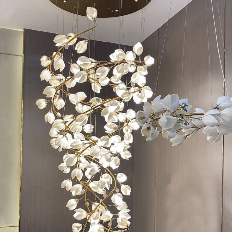 Spiral Pure White Magnolia Chandelier with Golden Branches for Staircase/High-ceiling Space/Foyer/ Duplex-Chandeliers-Blushlighting