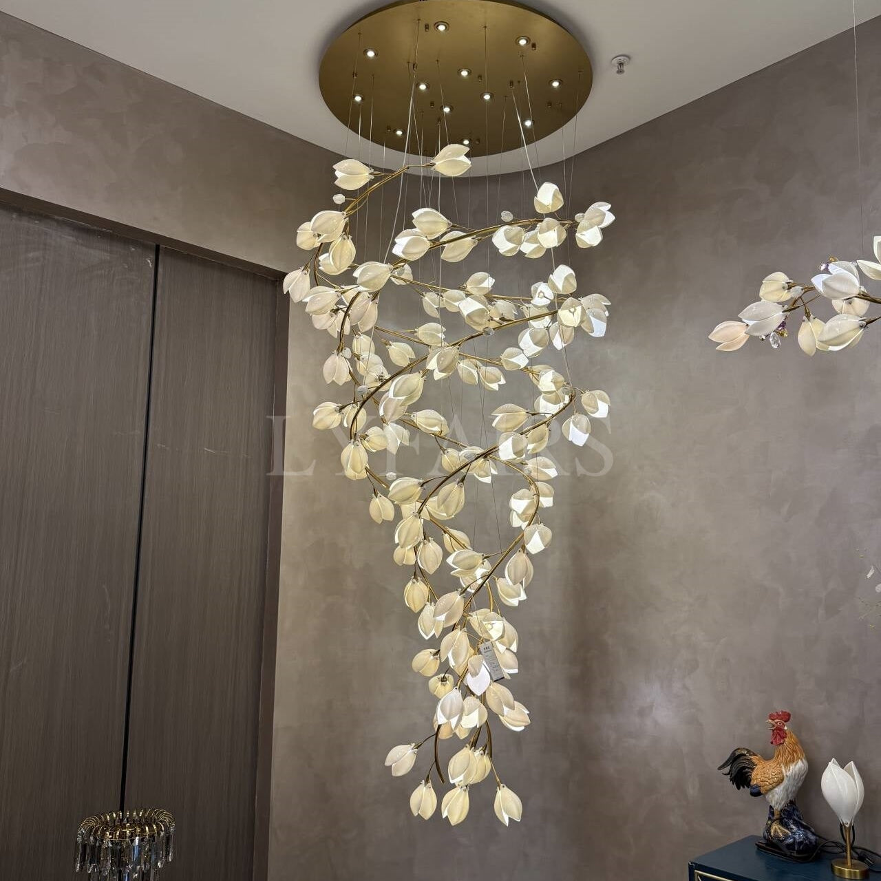 Spiral Pure White Magnolia Chandelier with Golden Branches for Staircase/High-ceiling Space/Foyer/ Duplex-Chandeliers-Blushlighting