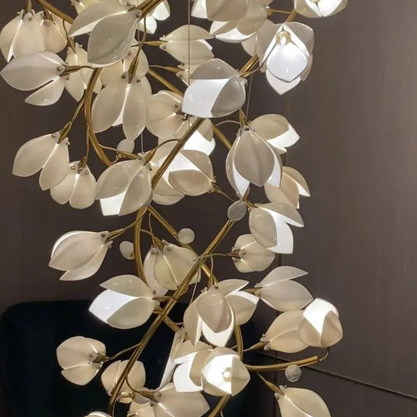 Spiral Pure White Magnolia Chandelier with Golden Branches for Staircase/High - ceiling Space/Foyer/ Duplex - D31.5"*H70.9"/57.9KgWarm LightBlushlighting