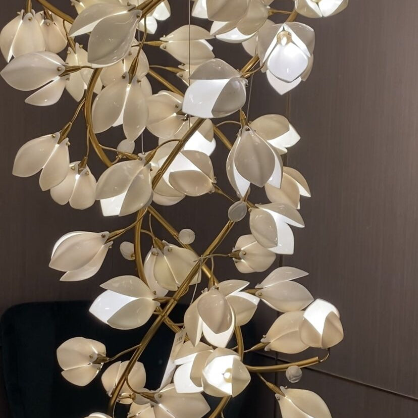 Spiral Pure White Magnolia Chandelier with Golden Branches for Staircase/High-ceiling Space/Foyer/ Duplex-Chandeliers-Blushlighting