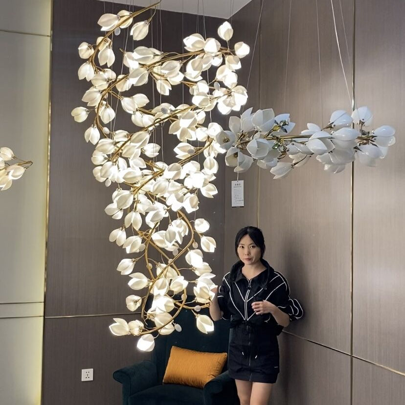 Spiral Pure White Magnolia Chandelier with Golden Branches for Staircase/High-ceiling Space/Foyer/ Duplex-Chandeliers-Blushlighting