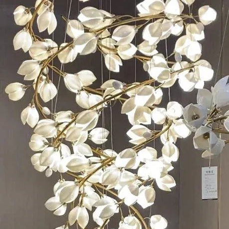 Spiral Pure White Magnolia Chandelier with Golden Branches for Staircase/High - ceiling Space/Foyer/ Duplex - D31.5"*H70.9"/57.9KgWarm LightBlushlighting