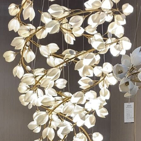 Spiral Pure White Magnolia Chandelier with Golden Branches for Staircase/High-ceiling Space/Foyer/ Duplex-Chandeliers-Blushlighting
