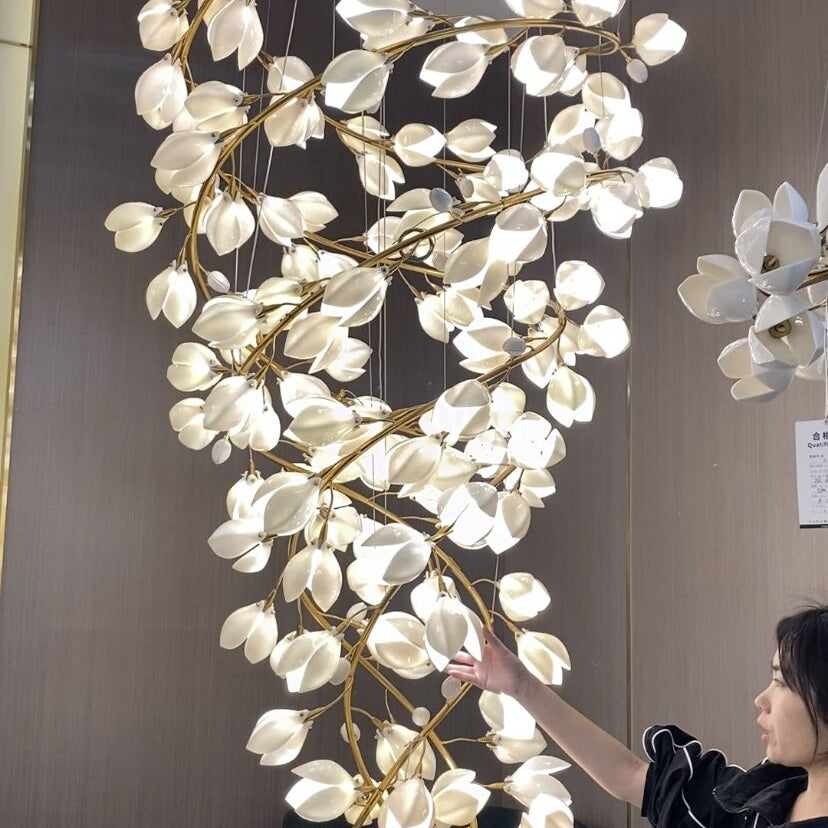 Spiral Pure White Magnolia Chandelier with Golden Branches for Staircase/High-ceiling Space/Foyer/ Duplex-Chandeliers-Blushlighting