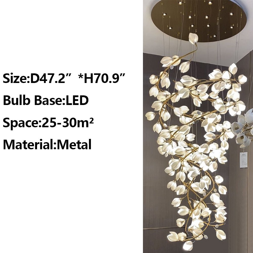 Spiral Pure White Magnolia Chandelier with Golden Branches for Staircase/High - ceiling Space/Foyer/ Duplex - D31.5"*H70.9"/36.9KgWarm LightBlushlighting