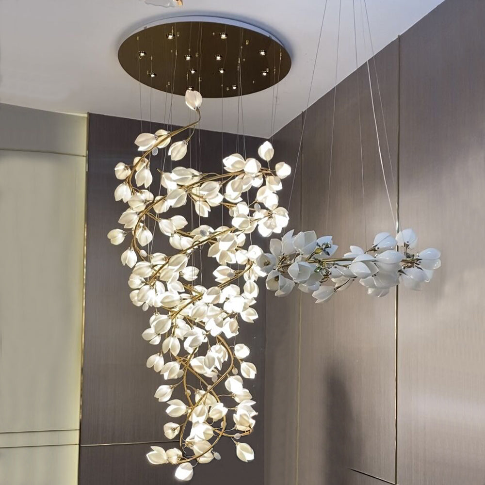 Spiral Pure White Magnolia Chandelier with Golden Branches for Staircase/High-ceiling Space/Foyer/ Duplex-Chandeliers-Blushlighting