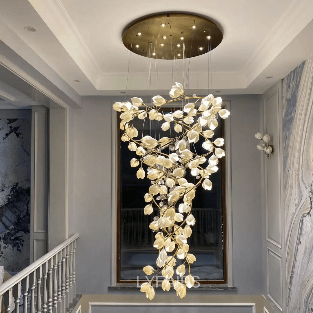 Spiral Pure White Magnolia Chandelier with Golden Branches for Staircase/High - ceiling Space/Foyer/ Duplex - D31.5"*H70.9"/36.9KgWarm LightBlushlighting