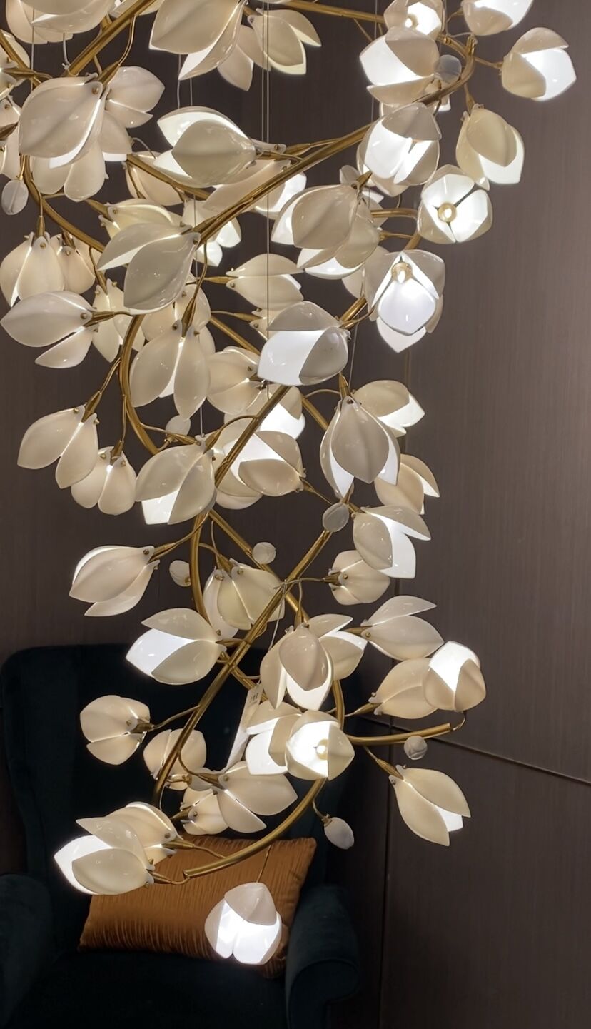 Spiral Pure White Magnolia Chandelier with Golden Branches for Staircase/High - ceiling Space/Foyer/ Duplex - D31.5"*H70.9"/36.9KgWarm LightBlushlighting