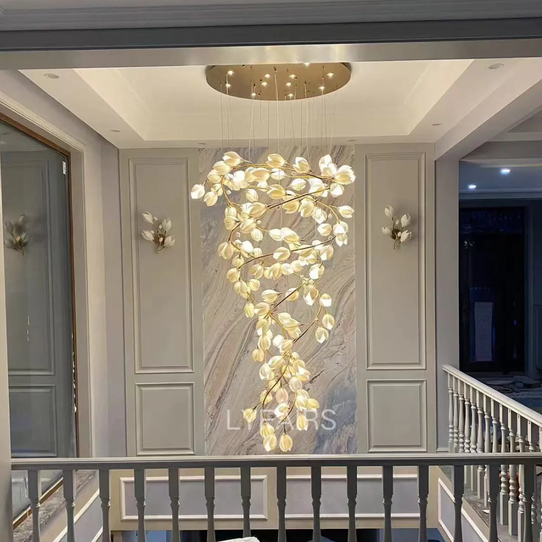 Spiral Pure White Magnolia Chandelier with Golden Branches for Staircase/High-ceiling Space/Foyer/ Duplex-Chandeliers-Blushlighting