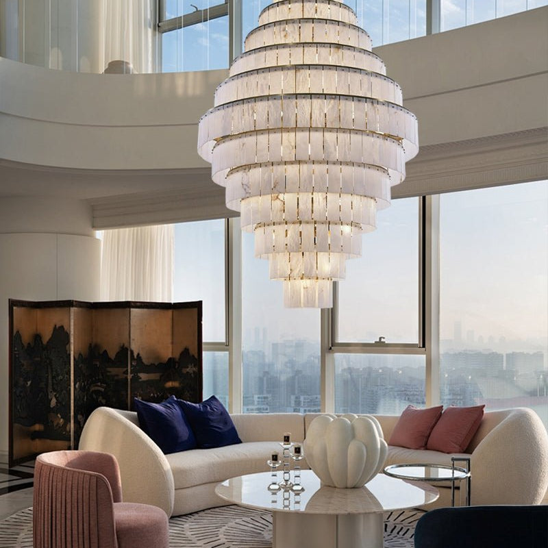 Stairwell Luxury Modern LED High Ceiling Large Alabaster Chandelier - 14 - light - L60*H45CM/L23.62"*H17.72"Warm lightWhite + BrassBlushlighting