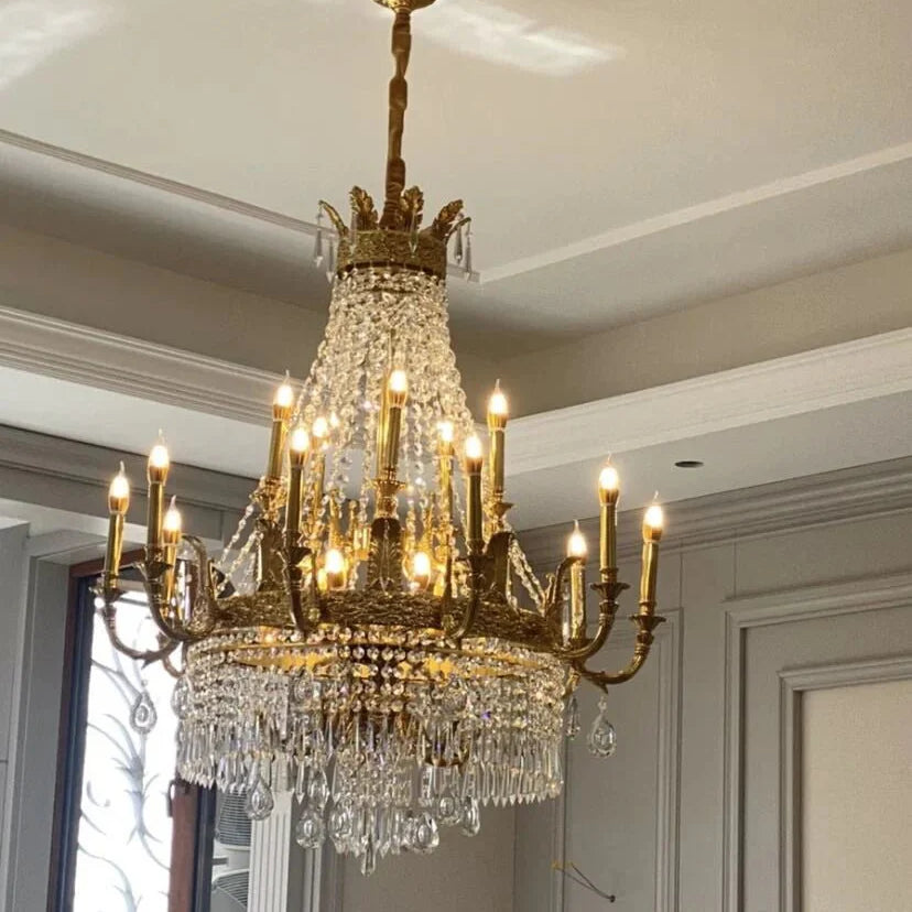 Stunning Oversized Luxury Golden Metal Candle Crystal Tassel Chandelier For High - ceiling - Blushlighting