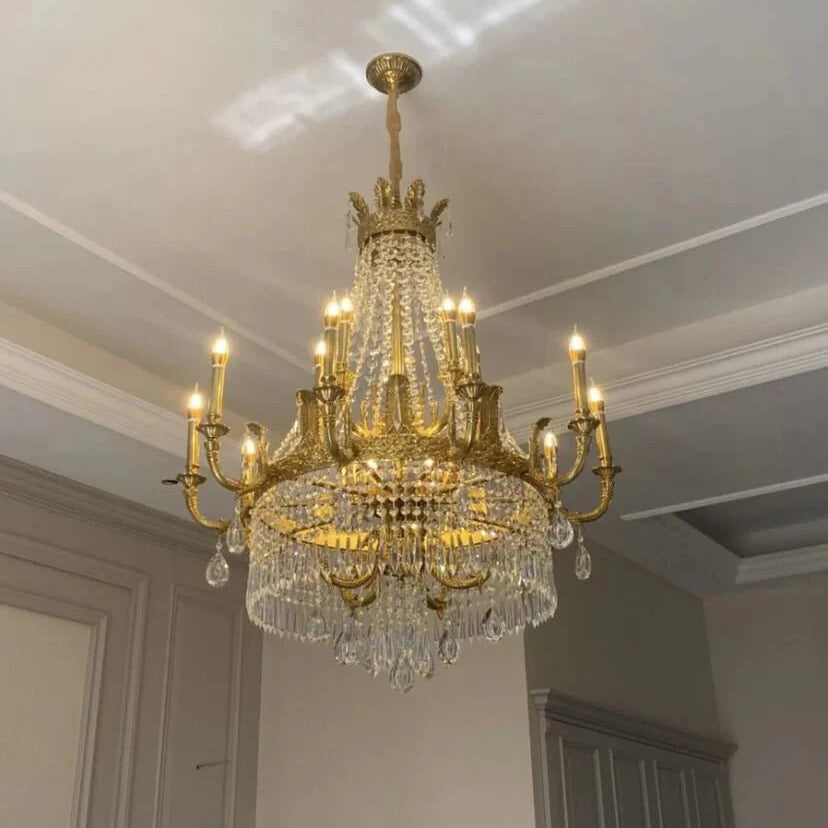 Stunning Oversized Luxury Golden Metal Candle Crystal Tassel Chandelier For High - ceiling - Blushlighting