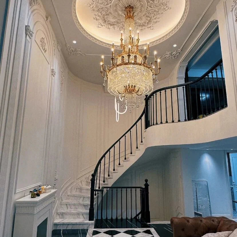 Stunning Oversized Luxury Golden Metal Candle Crystal Tassel Chandelier For High - ceiling - Blushlighting