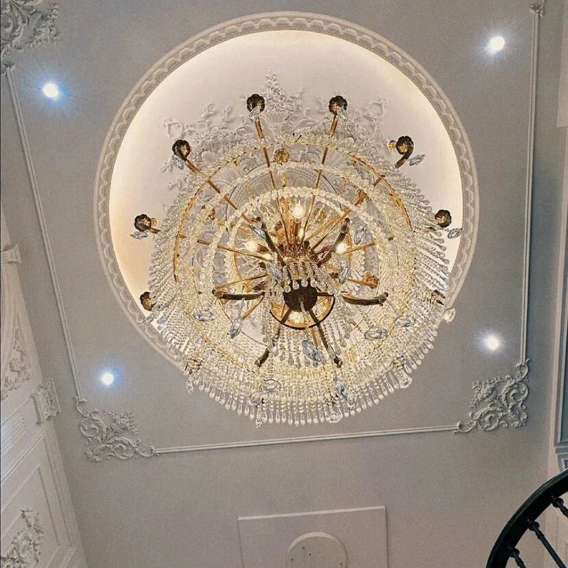 Stunning Oversized Luxury Golden Metal Candle Crystal Tassel Chandelier For High - ceiling - Blushlighting