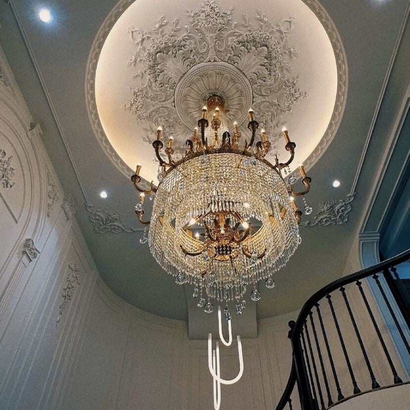 Stunning Oversized Luxury Golden Metal Candle Crystal Tassel Chandelier For High - ceiling - Blushlighting