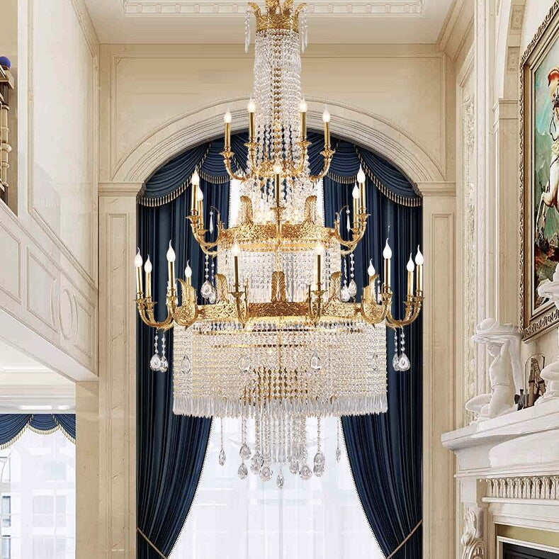 Stunning Oversized Luxury Golden Metal Candle Crystal Tassel Chandelier For High - ceiling - Blushlighting