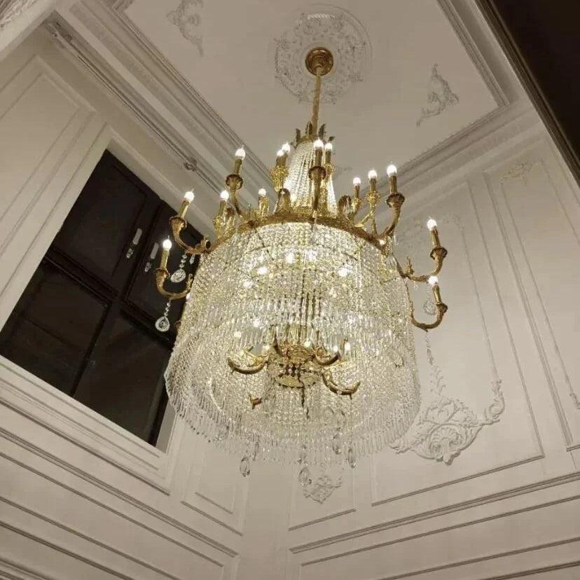 Stunning Oversized Luxury Golden Metal Candle Crystal Tassel Chandelier For High - ceiling - Blushlighting