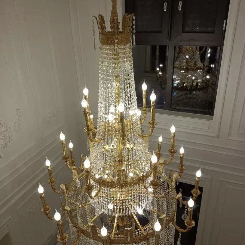 Stunning Oversized Luxury Golden Metal Candle Crystal Tassel Chandelier For High - ceiling - Blushlighting