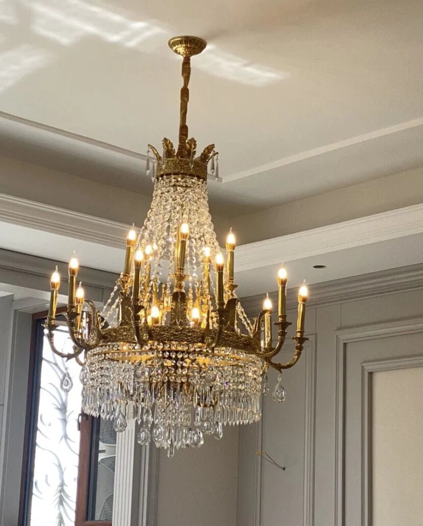 Stunning Oversized Luxury Golden Metal Candle Crystal Tassel Chandelier For High - ceiling - Blushlighting