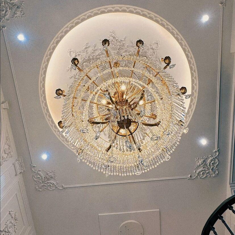 Stunning Oversized Luxury Golden Metal Candle Crystal Tassel Chandelier For High - ceiling Staircase/Entryway/Living/Meeting Room - 1 Layer: D 39.4"*H 39.4"Warm LightBlushlighting