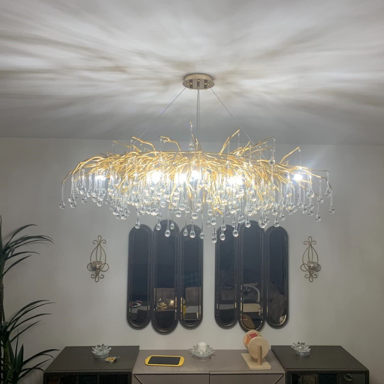 Stunning Tree Branch Crystal Chandelier with Clear Teardrop - shaped for Living/Dining Room - Round D25.6”*H15.8”/8 LightsChromeWarm LightBlushlighting