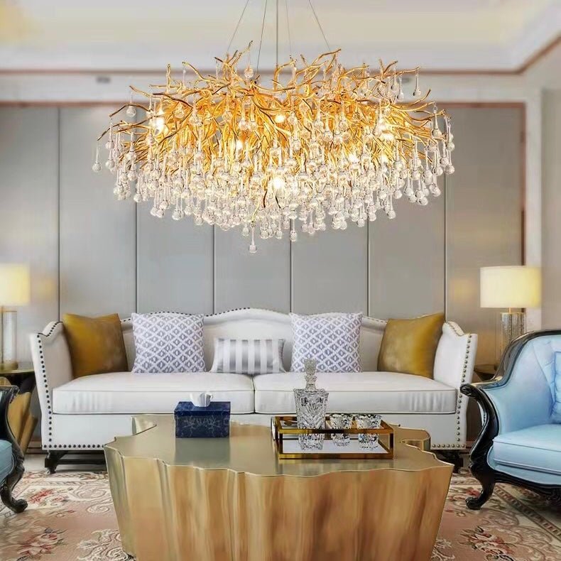 Stunning Tree Branch Crystal Chandelier with Clear Teardrop - shaped for Living/Dining Room - Round D25.6”*H15.8”/8 LightsGoldWarm LightBlushlighting