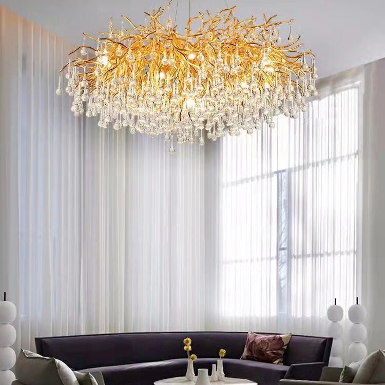 Stunning Tree Branch Crystal Chandelier with Clear Teardrop - shaped for Living/Dining Room - Round D31.5”*H21.7”/10 LightsGoldWarm LightBlushlighting