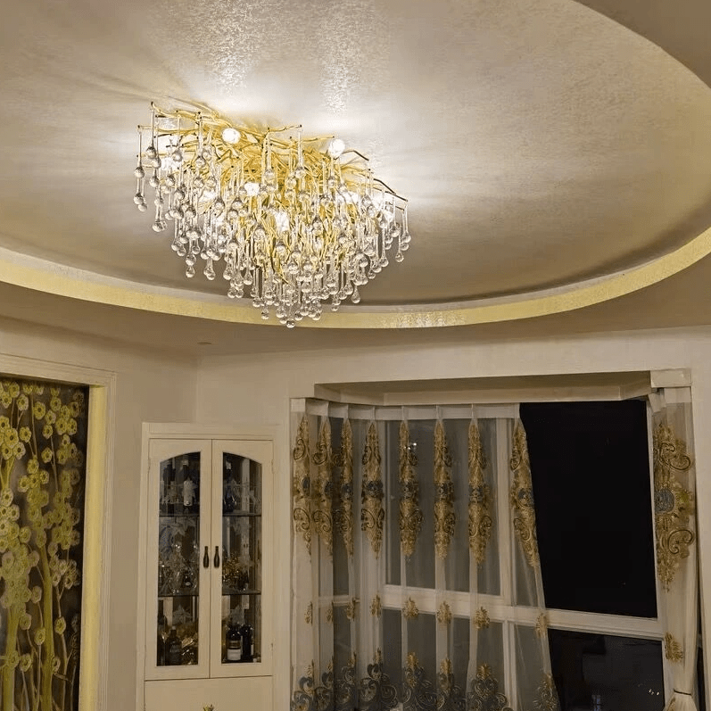 Stunning Tree Branch Crystal Chandelier with Clear Teardrop - shaped for Living/Dining Room - Round D31.5”*H21.7”/10 LightsGoldWarm LightBlushlighting
