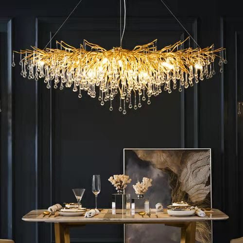 Stunning Tree Branch Crystal Chandelier with Clear Teardrop - shaped for Living/Dining Room - Round D25.6”*H15.8”/8 LightsGoldWarm LightBlushlighting