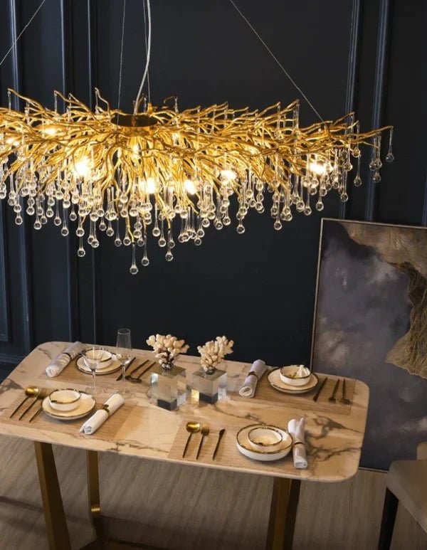Stunning Tree Branch Crystal Chandelier with Clear Teardrop - shaped for Living/Dining Room - Rectangle L39.4”*W25.6”*H25.6”/10 Lights/27kgChromeWarm LightBlushlighting